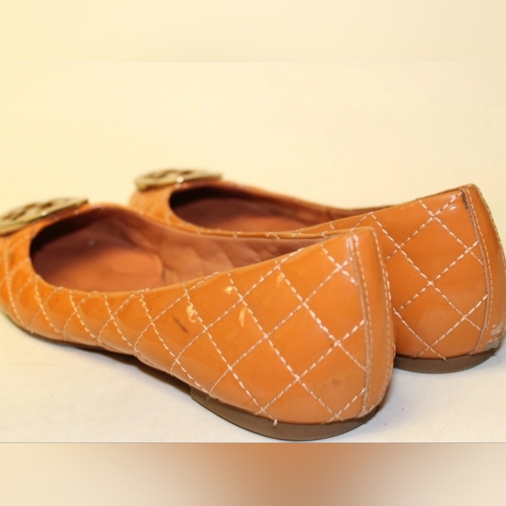 Tory Burch Reva Quilted Patent Leather Ballet Flats Orange Camel Brown Vachetta - Picture 4 of 10